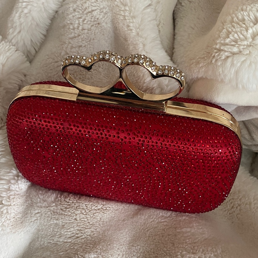 Embellished Red Clutch w diamond and gold inspired Heart Handle, so cute!!